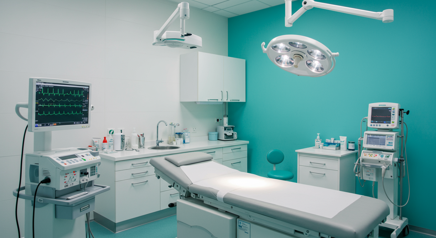 MediCare Plus modern cardiology consultation room with ECG monitoring equipment