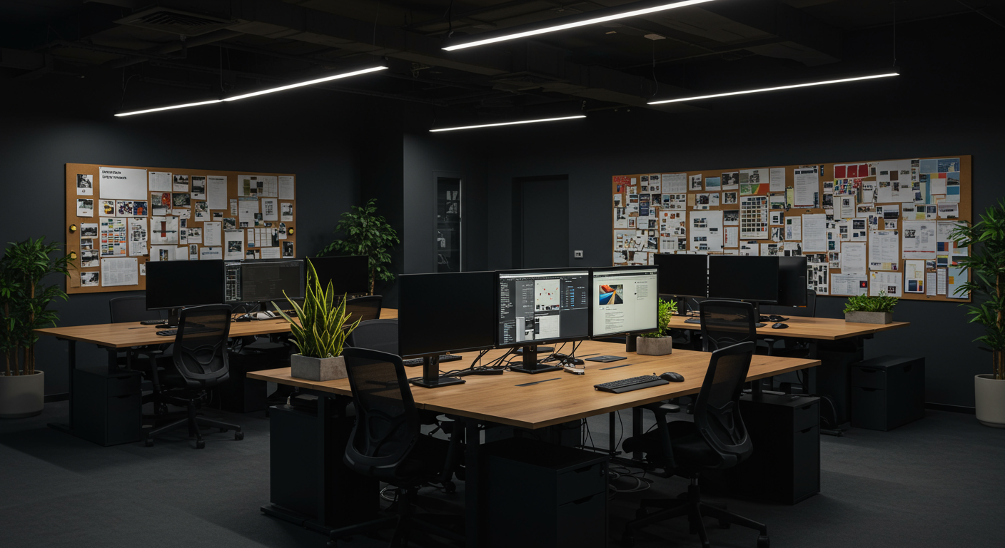 CreativeEdge agency Mumbai dark-themed open-plan creative studio workspace