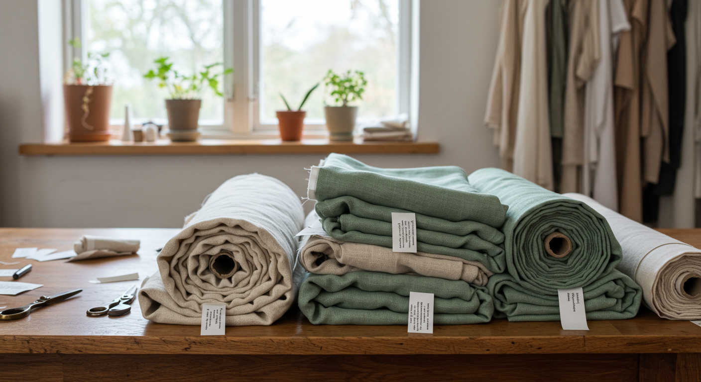StyleHub sustainable fashion workspace with natural linen fabrics and ethical manufacturing
