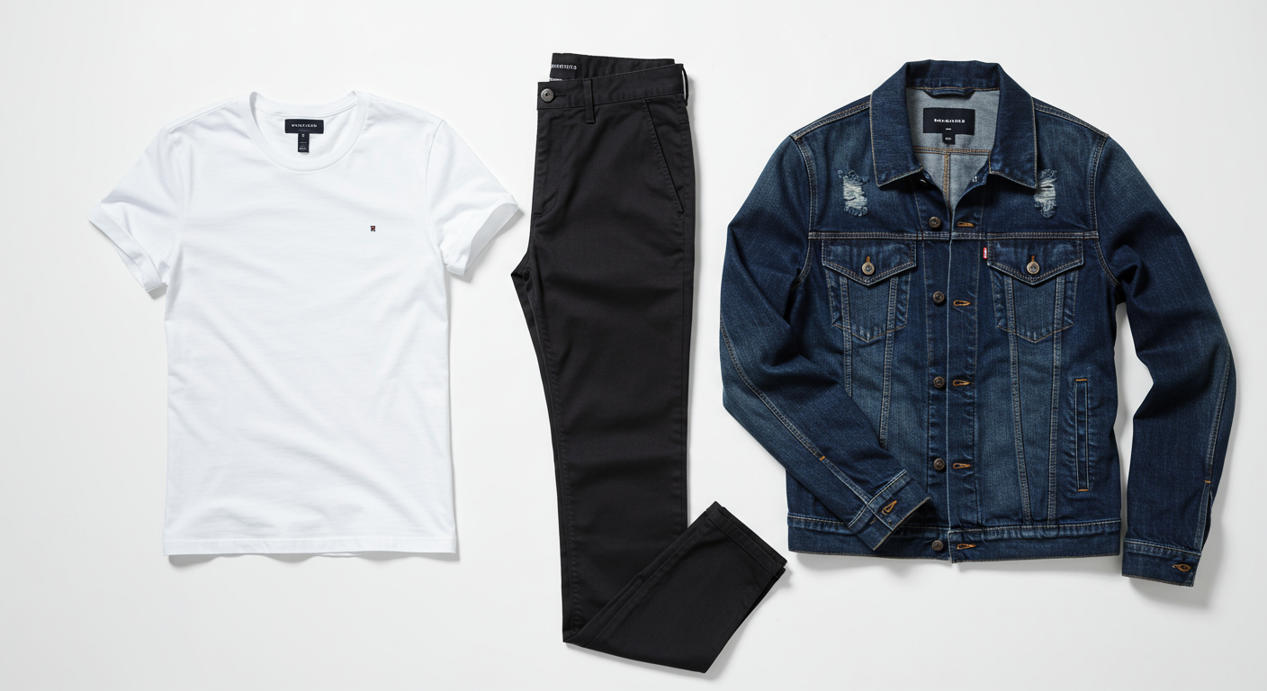 Men's fashion collection including denim jacket and slim chinos