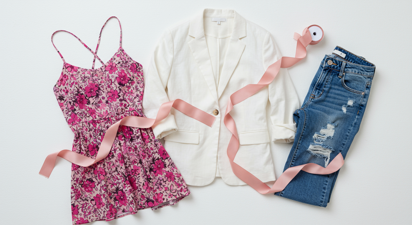 Women's fashion collection including floral sundress and linen blazer